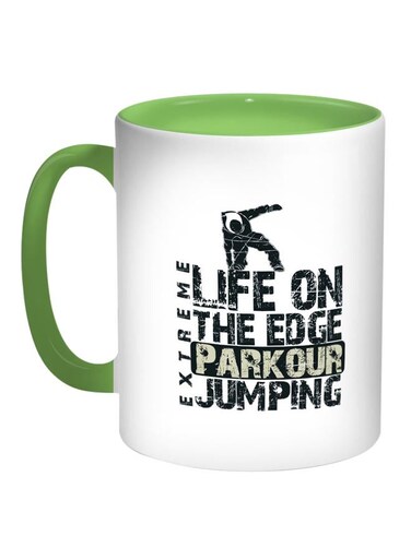 Life On The Edge Parkour Jumpin Printed Coffee Mug White/Green/Black 11ounce