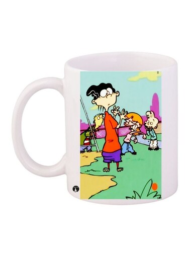 Cartoon Printed Coffee Mug White/Green/Orange 11ounce