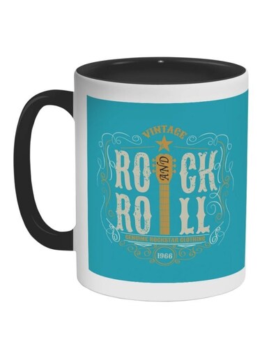 Rock And Roll Printed Coffee Mug Black/White/Blue 325ml