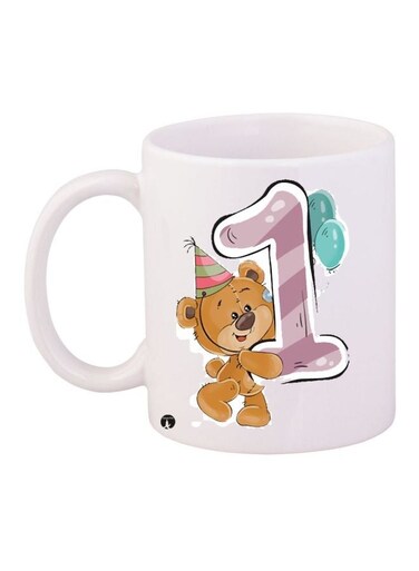1st Birthday Teddy Printed Coffee Mug White/Brown/Purple 11ounce