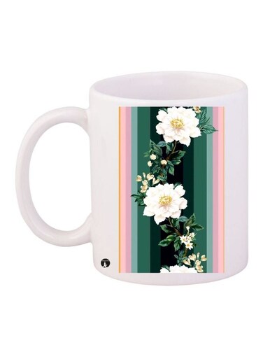 Flower Printed Coffee Mug White/Green/Pink 11ounce