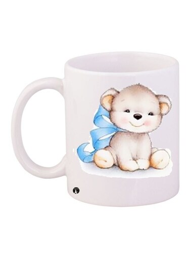Teddy Bear Printed Coffee Mug White/Beige/Blue 11ounce