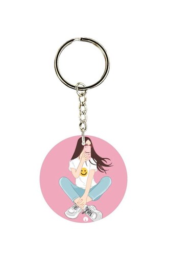 Double Sided Girl With Phone Printed Keychain