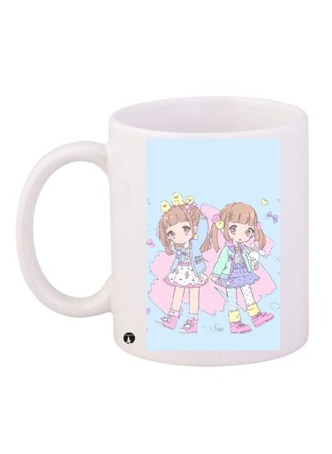 Girls Anime Printed Coffee Mug White/Blue/Pink 11ounce