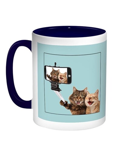 Cat Printed Coffee Mug Blue/White/Brown 11ounce