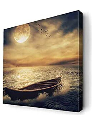A Canvas Arts For Wall Design Of A Boat In The Sea At Sunset And Under The Moonlight Multicolour 30X30cm