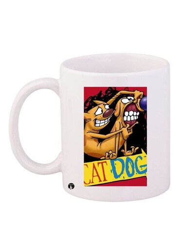 Cat Dog Printed Coffee Mug White/Brown/Red 11ounce
