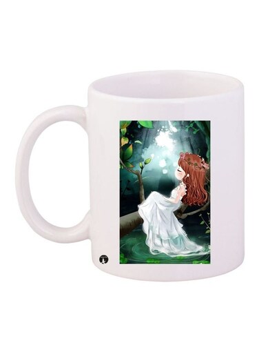 Cartoon Girl Printed Coffee Mug White/Green/Brown 11ounce