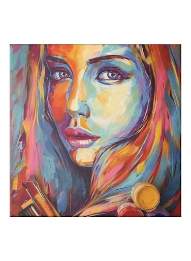 Colourful Girl Themed Canvas Painting With Frame Blue/Brown/Red 50x50cm
