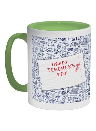 Happy Teacher's Day Printed Coffee Mug Green/Blue/White 325ml