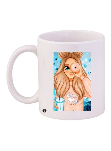Woman Printed Ceramic Coffee Mug White/Blue/Beige 11ounce