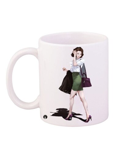 Woman Printed Coffee Mug White/Green/Beige 11ounce