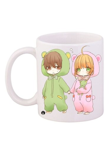 Cartoon Couple Printed Ceramic Coffee Mug White/Pink/Green