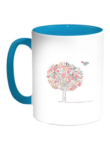 Birds On A Tree Printed Coffee Mug Blue/White/Pink 11ounce