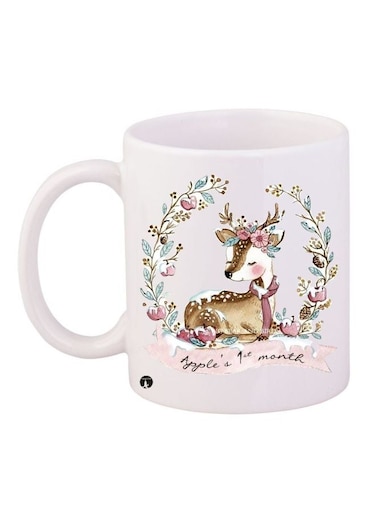 Deer Printed Coffee Mug White/Brown/Pink 11ounce