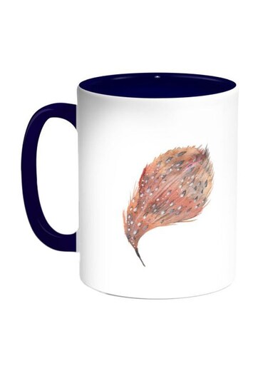 Bird Feather Printed Coffee Mug Blue/White/Brown 11ounce