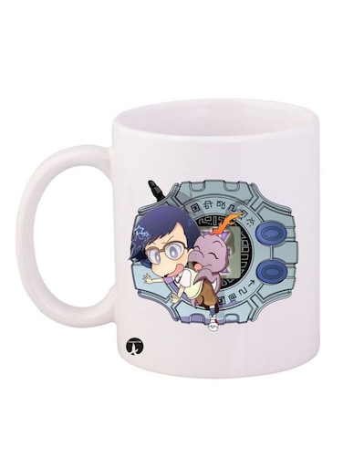 Anime Digimon Printed Mug White/Blue/Beige 12ounce