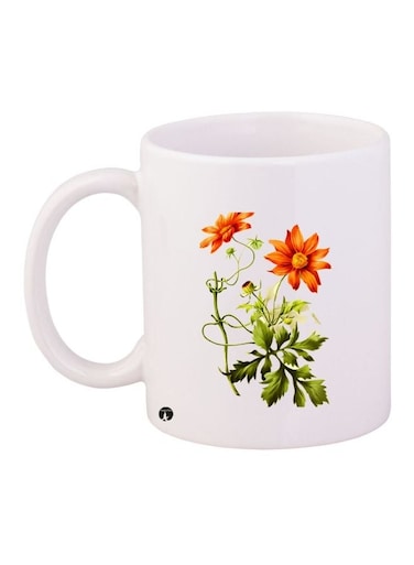 Flower Printed Ceramic Coffee Mug White/Green/Red 11ounce