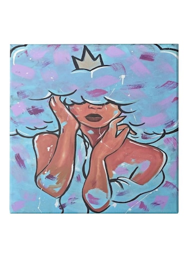 Girl Crown Themed Canvas Painting With Frame Blue/Brown/Pink 50x50cm