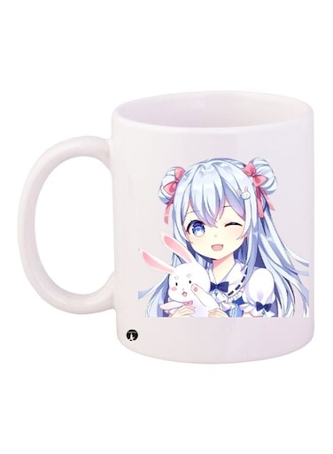 Anime Girl Printed Ceramic Coffee Mug White/Blue/Pink 11ounce
