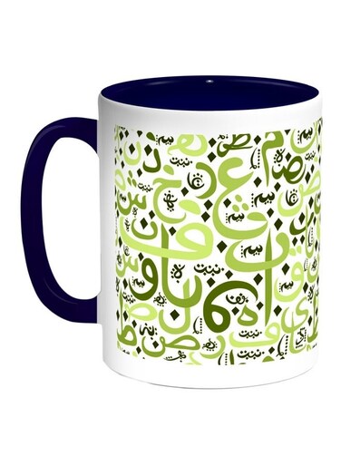 Arabic Letters Printed Coffee Mug Blue/White/Green 11ounce