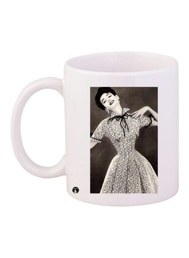 Girl Printed Ceramic Coffee Mug White/Grey/Brown 11ounce