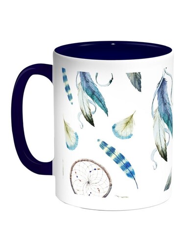 Bird Feathers Printed Coffee Mug Blue/White/Grey 11ounce