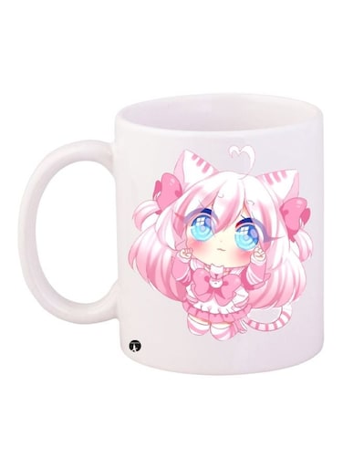 Cartoon Girl Printed Coffee Mug White/Pink/Beige 11ounce