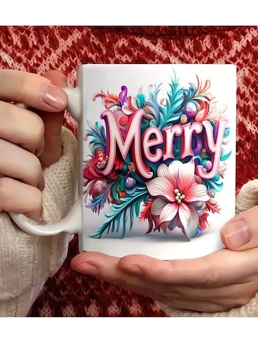 1pc 11oz Porcelain Merry Christmas Mug, Festive Ceramic Coffee Cup with Colorful Floral Design, Ideal for Holiday Drinking