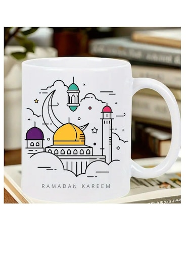 Ramadan Kareem Insulated Ceramic Mug &ndash; Festive White Coffee Cup with Crescent Moon &amp; Lantern Design