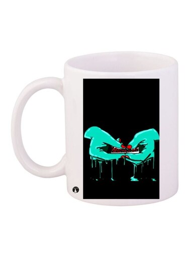 Hand Printed Ceramic Coffee Mug White/Green/Black 11ounce