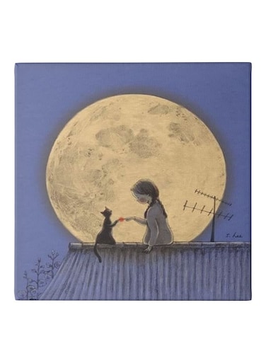 Girl With A Cat Themed Canvas Framed Painting Blue/Beige/Black 50x50cm