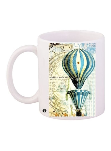Hot Air Balloon Printed Coffee Mug White/Blue/Beige 11ounce
