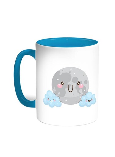 Cartoon - Moon And Clouds Printed Coffee Mug Turquoise/White 11ounce