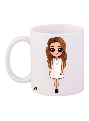 Cartoon Girl Printed Coffee Mug White/Beige/Brown 11ounce