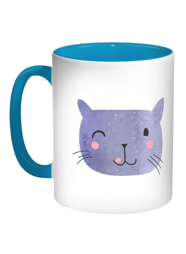 Happy Cat Printed Coffee Mug Blue/White/Blue 11ounce