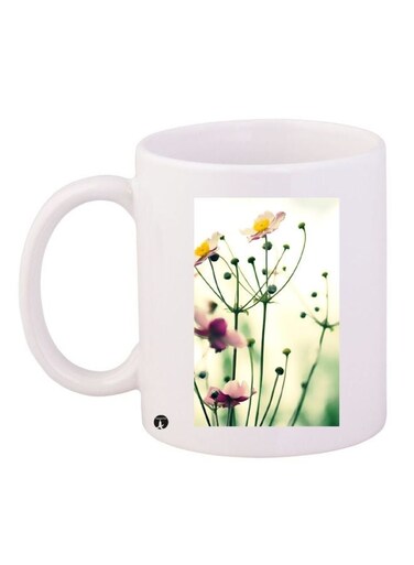 Flower Printed Coffee Mug White/Green/Purple 11ounce