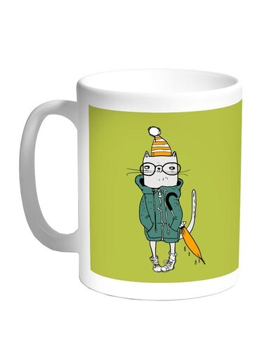Cat Printed Coffee Mug White/Green/Yellow 11ounce