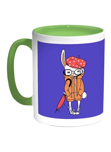 Rabbit Printed Coffee Mug Blue/White/Green 11ounce