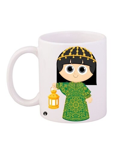 Cartoon Girl Printed Coffee Mug White/Green/Gold 11ounce