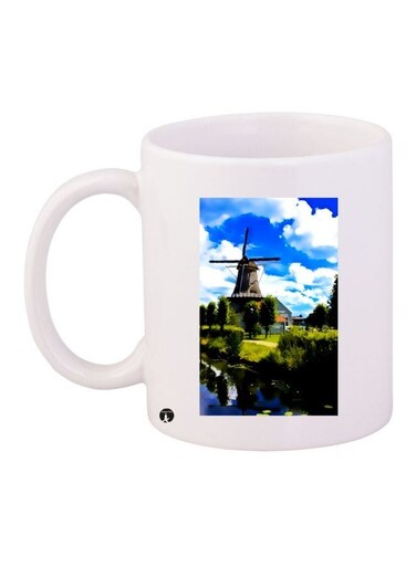 Windmill Farm Printed Coffee Mug White/Green/Blue 11ounce