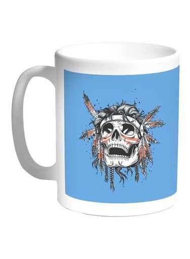 Indian Skull Printed Coffee Mug White/Blue/Grey 11ounce
