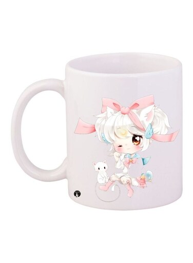 Cartoon Girl Printed Coffee Mug White/Pink/Blue 11ounce