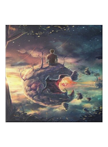 A Man On The Planet Themed Canvas Painting With Frame Blue/Grey/Brown 50x50cm