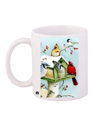 Birds Printed Coffee Mug White/Green/Red 11ounce