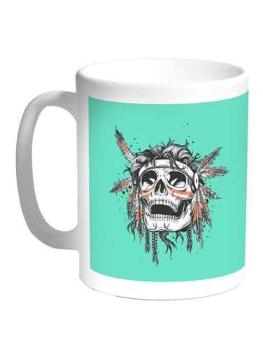 Indian Skull Printed Coffee Mug White/Green/Grey 11ounce