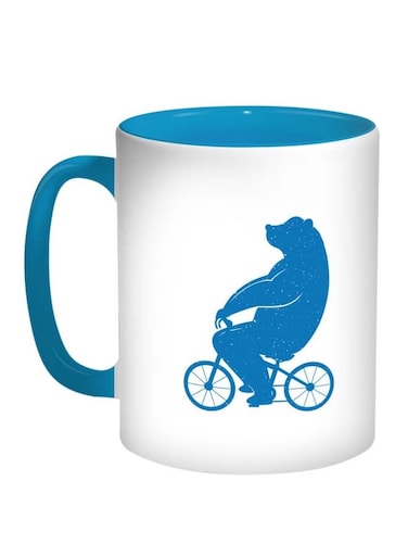 Bear Driving A Bicycle Printed Coffee Mug Blue/White 11ounce