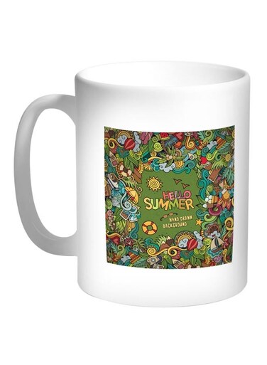 Hello Summer Printed Coffee Mug White/Green/Yellow 11ounce