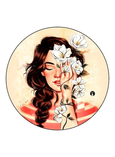 Girl With Flowers Printed Fridge Magnet Beige/Pink/Brown 5.5cm