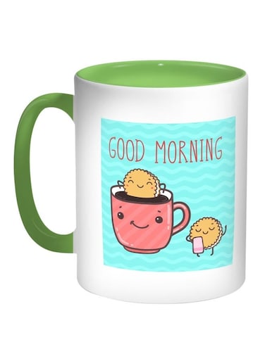 Good Morning Printed Coffee Mug Blue/White/Green 11ounce